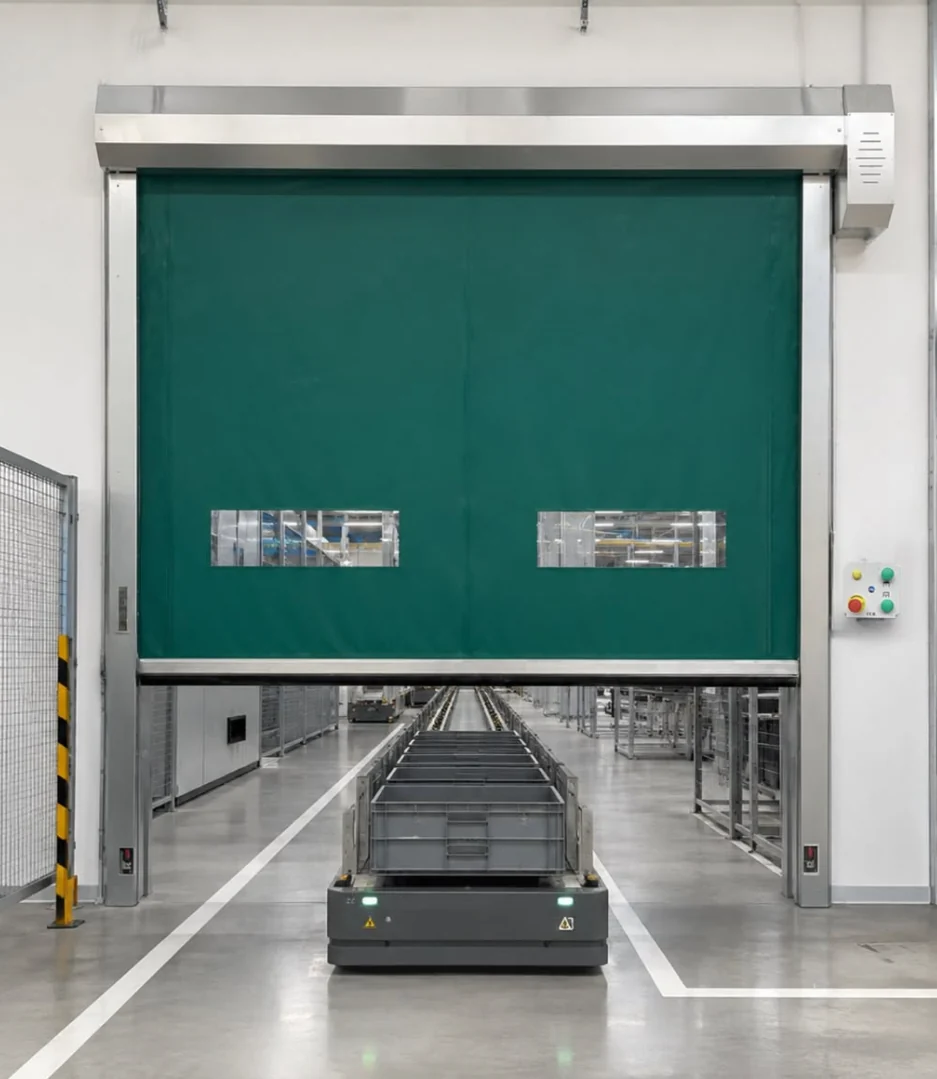 Grünes Industrietor über einem Transportfahrzeug