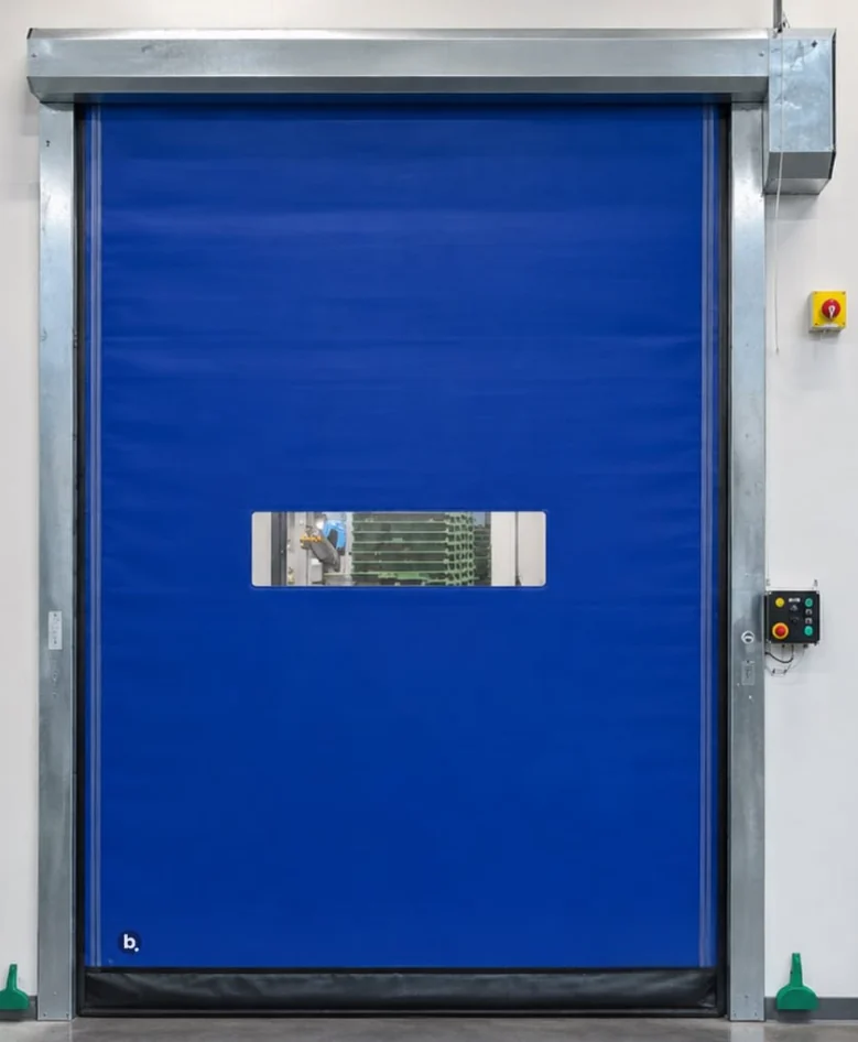 Blaues Industrietor mit einem Fenster