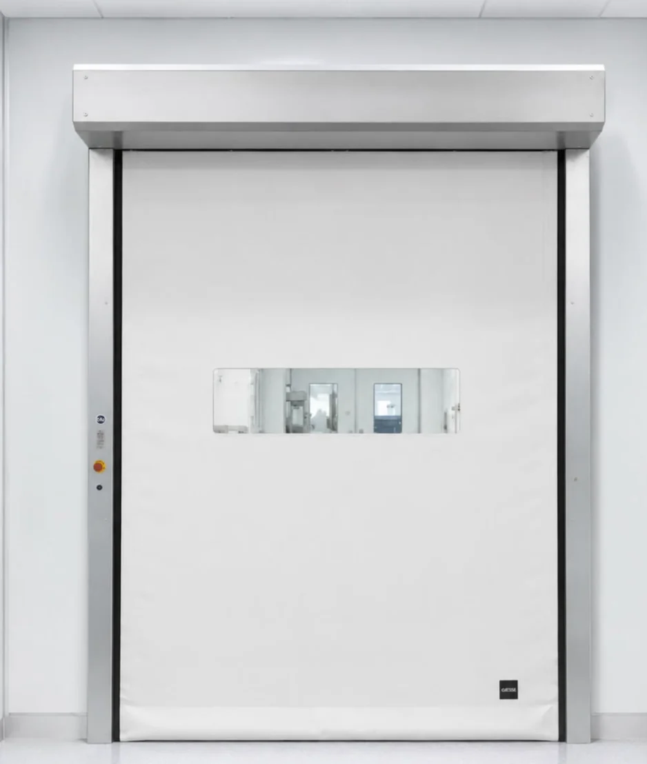 Weißes Industrietor mit horizontalem Fenster